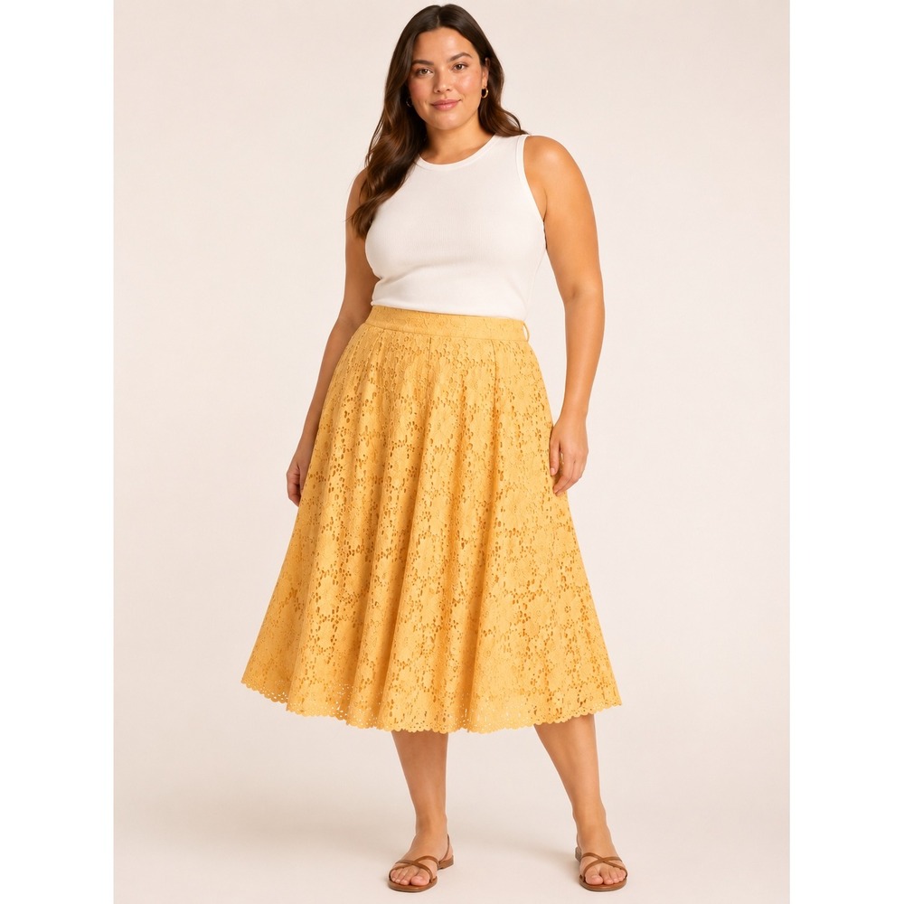 Coldwater‎ Creek Womens Eyelet Midi Skirt 2X Boho Cottagecore Yellow Cotton